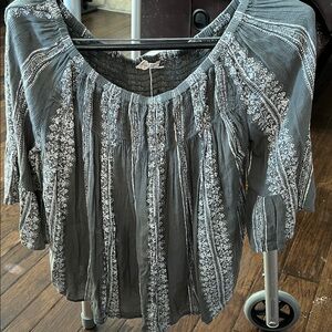 Altar'd State Charcoal w/ hint of green.  White designs Large on/off shoulder